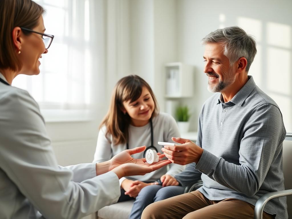 Clinician explaining a cochlear implant device to a family